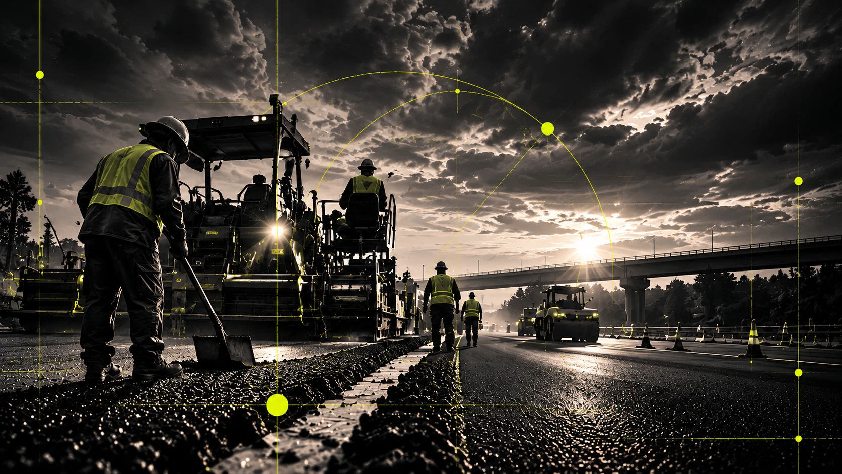 A road crew paving a highway at dusk, with paving machines and an overpass under a stormy sky.